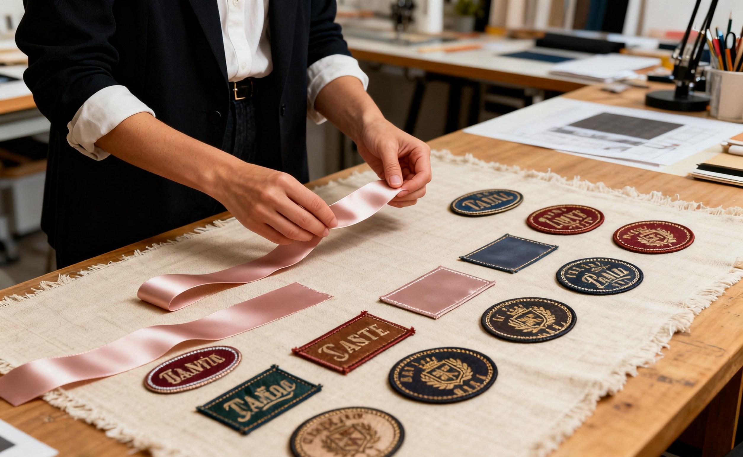 Designer choosing satin and vintage woven labels for fashion line